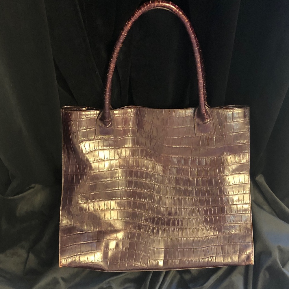 Bloomingdale's Shiny Brown Crocodile-Embossed Tote